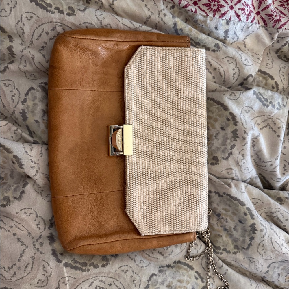 Lauren Merkin Tan Leather and Raffia Crossbody